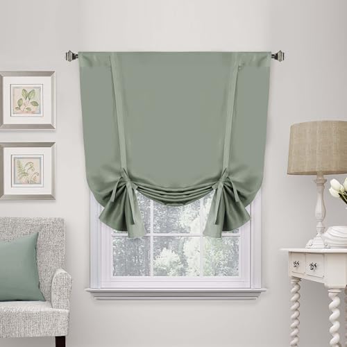 Blackout Tie Up Curtain Thermal Insulated Window Shade Light Blocking Balloon Roman Shade Bathroom Adjustable Rod Pocket Panel for Small Window,42" Wide by 63" Long,Cyan