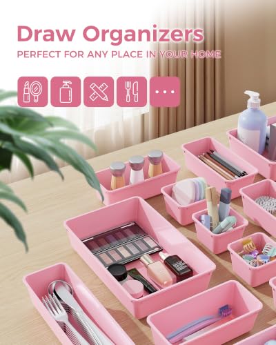 25 PCS Plastic Drawer Organizers Set, 4-Sizes Vanity and Makeup Organizer, Desk and bathroom Drawer Organizer Trays, Organizers and Storage for Makeup, Jewelry, Gadgets, Utensils (Pink) - view 3