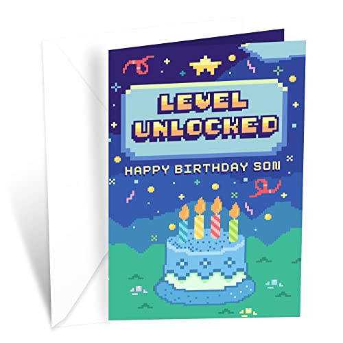 Birthday Card For Son Video Game Theme, Made in America, Eco-Friendly, Thick Card Stock with Premium Envelope 5in x 7.75in, Packaged in Protective Mailer