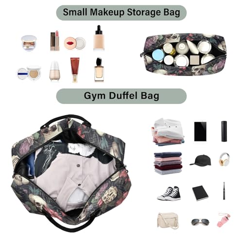 Skull Travel Duffle Gym Bag, Skull Color Flower Weekender for Women with Toiletry Bag Travel Tote - view 4