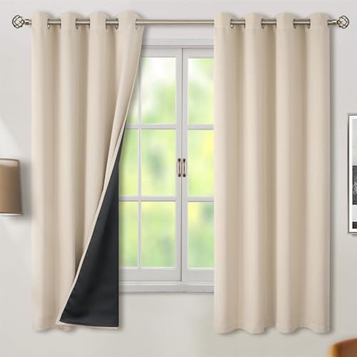 Thermal Insulated 100% Blackout Curtains 63 Inch Length 2 Panels, Total Light Blocking Curtains for Bedroom, Grommet Window Drapes with Thick Black Liner, 52 Inch Wide Each Panel, Champagne