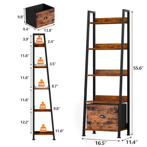 Ladder Shelf, 5 Tier Bookshelf with Fabric Drawer, Rustic Brown - view 3