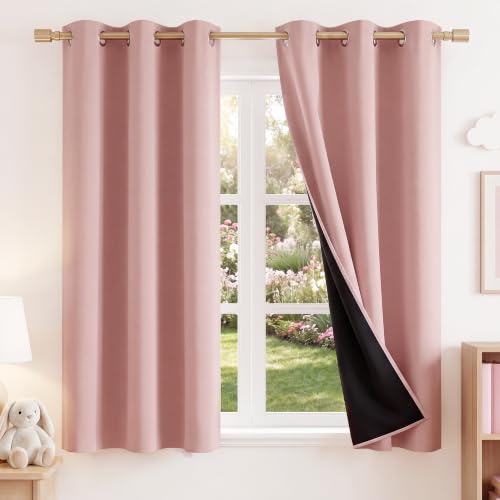 100% Blackout Pink Nursery Curtains for Girls 63 inches Length