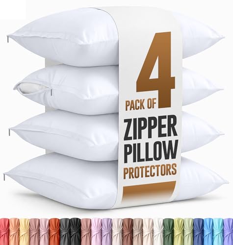 4 Pack Pillow Protectors with Zipper Standard Size, Soft Brushed Microfiber Fabric Pillow Cases, Shrinkage and Fade Resistant Pillow Covers (White)