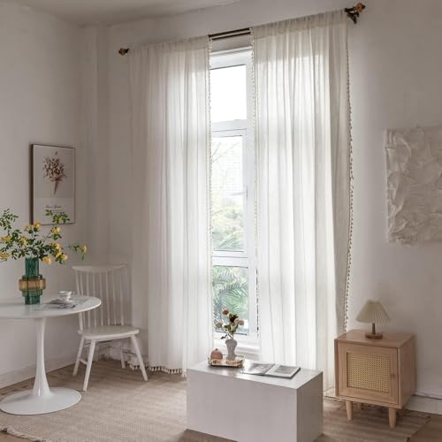 Boho Curtains Semi-Blackout 84 Inch 2 Panels for Living Room, Linen Tassels Farmhouse Curtains with Embroidery for Bedroom Rod Pocket Draperies 52" W x 84" L, Off White - view 3