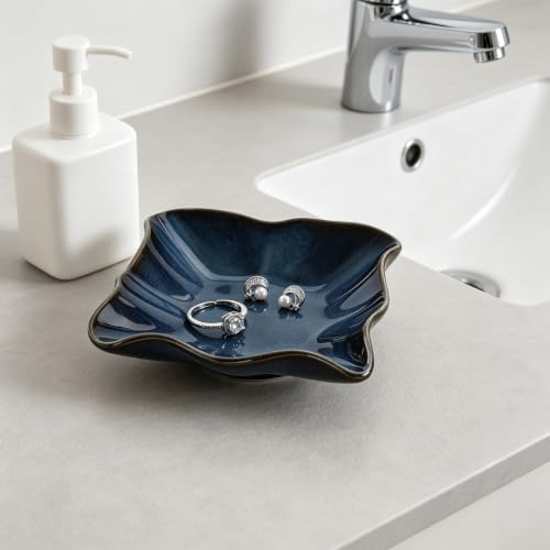 Ceramic Ring Dish BlueWavy Square,Trinket Dish Ring Holder Jewelry Tray Cute Vanity Organizer Aesthetic Nightstand Bathroom Room Decor - view 6