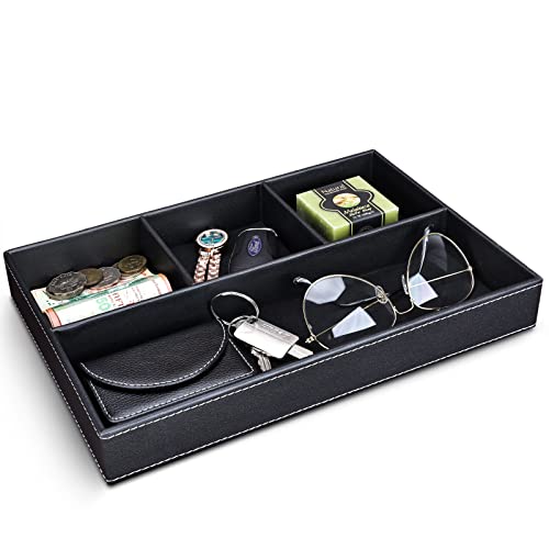 Faux Leather Valet Tray for Men, Stackable Jewelry Trays Drawer Organizer Tray Nightstand Organizer for Men, EDC Tray for Key, Wallet, Sunglass, Watch, Coin, Phone, Cologne - Black