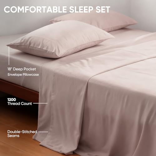 Real 100% Viscose Derived from Bamboo Sheets Set Queen Size, Cooling & Silky Soft for Hot Sleeper, Breathable & Moisture Wicking Fabric, 18" Deep Pocket with Corner Straps (Sand, Queen) - view 6
