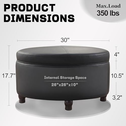 30-Inch Round Ottoman, Leather Ottoman with Storage (Black) - view 2