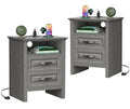 Nightstand Set of 2, Night Stand with Charging Station, Farmhouse Bedside Table with 2 Drawers, Open Shelf, Rustic End Table Storage Cabinet for Bedroom, Dark Gray