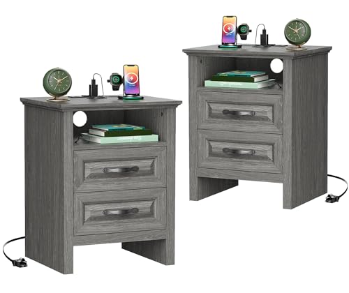 Nightstand Set of 2, Night Stand with Charging Station, Farmhouse Bedside Table with 2 Drawers, Open Shelf, Rustic End Table Storage Cabinet for Bedroom, Dark Gray