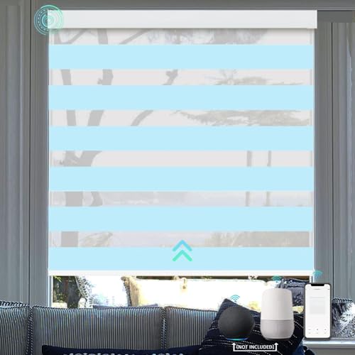 Motorized Blinds with Remote, Built-in Rechargeable Motor Smart Automatic Window Shades, Custom Size Electric Zebra Blinds Compatible with Alexa Google (70% Blackout Blue)