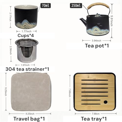 Chinese Tea Set – Black Porcelain Gongfu Teapot with 4 Black Cups & Tea Tray & Tea Strainer, Travel Tea Set with Carrying Case for Tea Ceremony, Daily Tea Ritual, Asian Style Gift - view 2