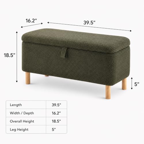 Storage Bench Bedroom Bench Sherpa Ottoman Storage Entryway for Living Room Rectangular Boucle Foot Rest Stool Padded Seat (39.5",Green) - view 2