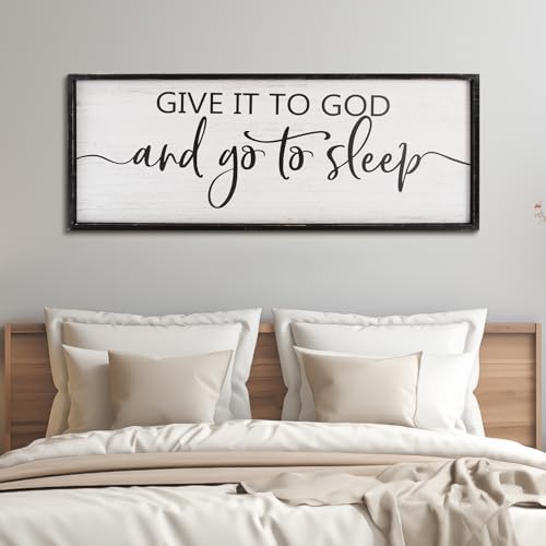 Give It to God and Go to Sleep Sign - Above Bed Wall Decor, 40''17'' Large Farmhouse Bedroom Decor, Wood Guest Room Decor, Framed Wall Art, Rustic Master Bedroom Essentials (Black)