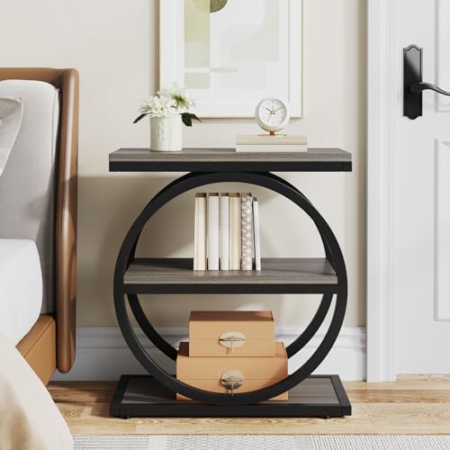 3-Tier End Table, Grey Side End Table with Storage Shelves, Small Sofa Side Table for Living Room, Slim Nightstand and Bedside Table with Black Double Round Metal Legs - view 7