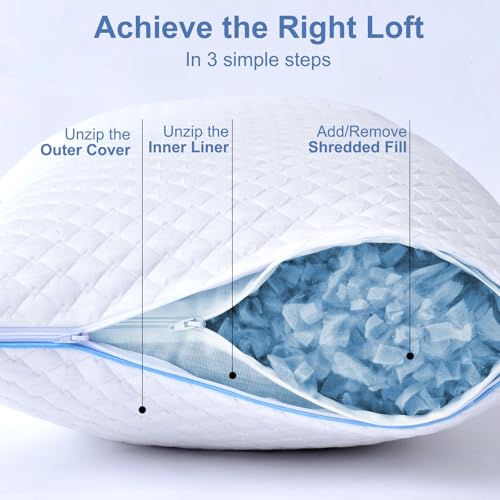 Shredded Memory Foam Pillows for Sleeping 2 Pack - Cooling Bed Pillows Standard Size Set of 2 - Firm Pillow for Side and Back Sleepers Adjustable Gel Pillow with Removable Cover - view 5