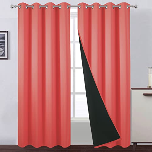 100% Blackout Curtains 52 x 84 Inch/Coral Curtains 2 Panels with Black Lining Room Darkening Thermal Insulated Bedroom Curtains