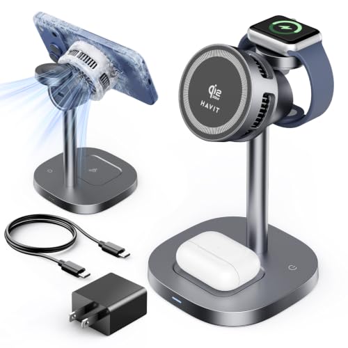3 in 1 Wireless Charger, Qi2.2 Certified 25W Magnetic Charging Station with Active Cooling for iPhone 17/16/15/14/13/12, Apple Watch & AirPods, 45W Adapter Included, Black