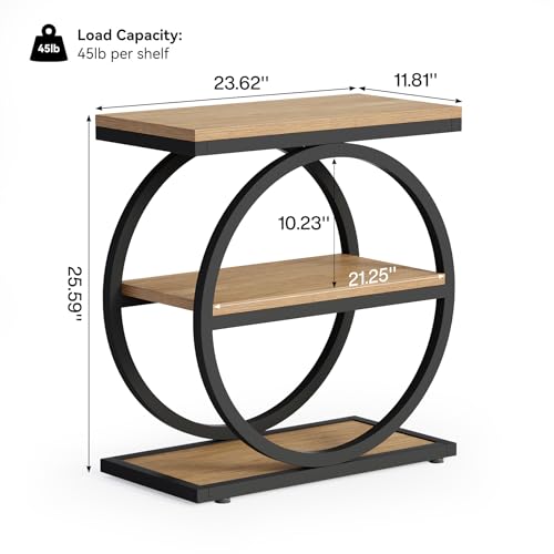 End Table Set 2, Side Table with 3-Tier Storage Shelves, Small Sofa Side Table for Living Room, Wooden Side End Table with Double Round Metal Legs, Slim Nightstand and Bedside Table, Oak - view 3
