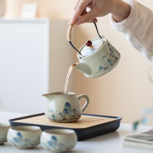 Chinese Gongfu Tea Set, 7-Piece Ceramic Set with Landscape Design, Travel Case, Spill-Proof Tray, Gift Box - view 6