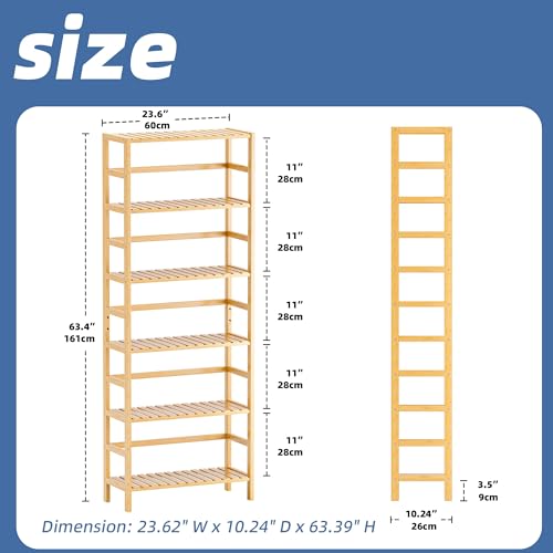 Bamboo Shelf, 6-Tier Adjustable Tall Open Bookcase, Bathroom Storage Rack Freestanding Shelving Unit, Plant Display Stand for Small Space, Natural - view 3