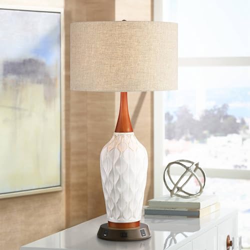Rocco 30" Large Table Lamp White Ceramic USB Workstation Base Oak Wood - view 2