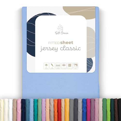 Fitted Sheet 120 x 200 cm Blue – 100% Cotton Jersey, 30 cm Corner, Elastic All Around – for Mattresses up to 25 cm – Oeko-TEX Standard 100, Made in the EU