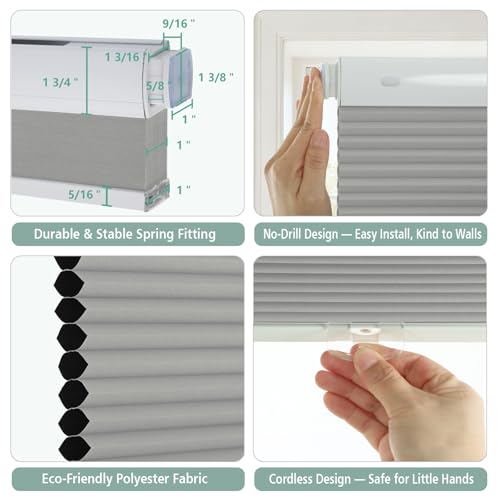 Cordless No Drill Blackout Cellular Shades, Tool-Free Installation Honeycomb Blinds, Room Darkening Privacy Thermal Insulated Window Coverings for Bedroom & Office, Silver Grey - view 3