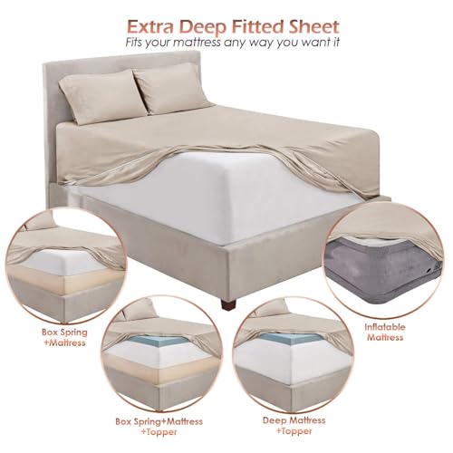 Bed Sheets, Luxury Soft 6 Piece Bed Sheet Set Extra Deep Pocket Fitted Sheets Fits Mattress up to 21", Double Brushed Bedding Sheets & Pillowcases, Queen, Natrual Linen - view 3
