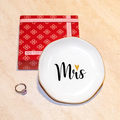 Engagement Wedding Mrs Ring Dish, Ceramic 4 × 4 inch Jewelry Dish for Rings Earrings, Nightstand Beside Bathroom Trinkets Organizer Decor, Bachelorette Bridal Shower Gifts - view 4