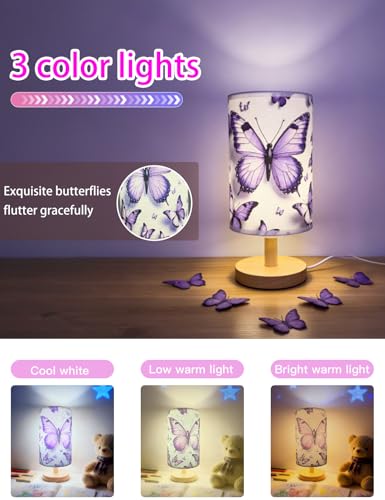 Butterfly Lamp Purple Desk for Kids Lamp,3 Colors Nightstand Light Lamp, Round Wood Base Flaxen Fabric Desk Lamp, Butterfly Light Gift for Gir (LED Bulb Included) (Butterfly) - view 3