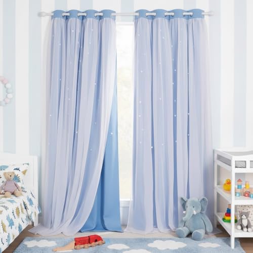 Kids Boys Blackout Curtains, Double-Deck Sheer Panel & Star Drapes for Living Room, Window Treatments with Tie Backs (Blue, 1 Pair, W52 x L95)