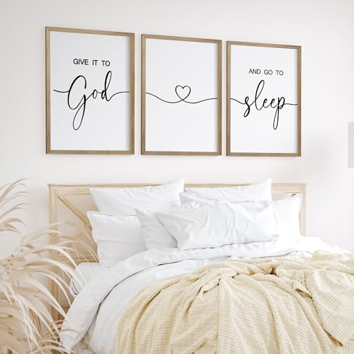 Give It to God and Go to Sleep Sign Set of 3 Above Bed Wall Decor Farmhouse Bedroom Decor Wood Framed Art Rustic Master Bedroom Essentials Home Decoration (Brown, 11”x14”)