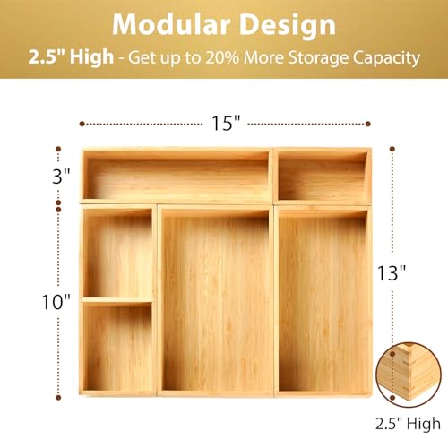 Drawer Organizer Storage Boxes, 2.5" High Bamboo Drawer Dividers, 5 Rearrangeable Bins for Kitchen, Office Desktop, Clothing, Makeup, vanity, Jewelry - view 2