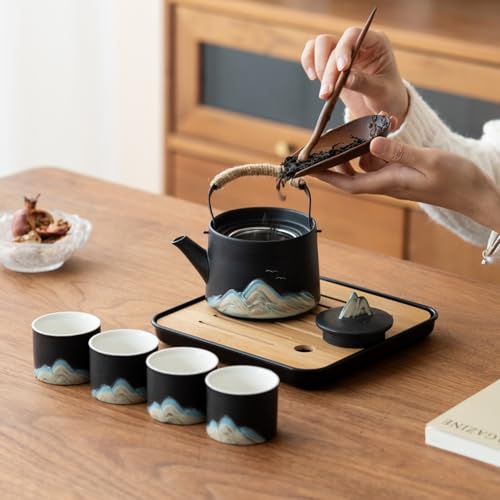 Chinese Tea Set – Black Porcelain Gongfu Teapot with 4 Black Cups & Tea Tray & Tea Strainer, Travel Tea Set with Carrying Case for Tea Ceremony, Daily Tea Ritual, Asian Style Gift - view 5
