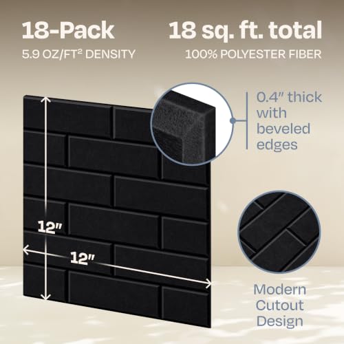 Acoustic Wall Panels 18-Pack, 12"x12"x0.4" Decorative Self-Adhesive Sound Proofing | High Density 3D Brick Soundproof Absorbing Tiles for Walls, Home, Office & Studio - Deep Black - view 3
