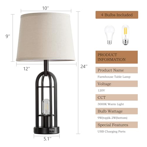 24" Farmhouse Table Lamps for Living Room Bedroom Set of 2, USB A+C - view 6