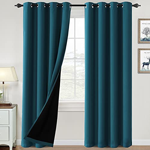 100% Blackout Curtains for Bedroom Thermal Insulated Blackout Curtains 84 inch Length Heat and Full Light Blocking Curtains for Living Room with Black Liner 2 Panels Set, Dark Teal