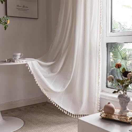 Boho Curtains Semi-Blackout 84 Inch 2 Panels for Living Room, Linen Tassels Farmhouse Curtains with Embroidery for Bedroom Rod Pocket Draperies 52" W x 84" L, Off White - view 2