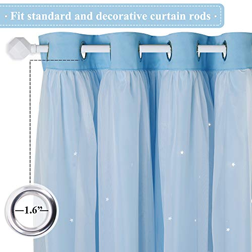 Kids Boys Blackout Curtains, Double-Deck Sheer Panel & Star Drapes for Living Room, Window Treatments with Tie Backs (Blue, 1 Pair, W52 x L95) - view 3