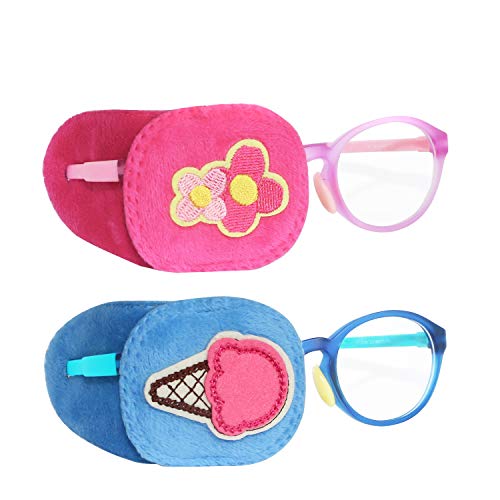 2Pcs Eye Patches for Kids | Girls Eye Patch for Glasses | Medical Eye Patches for Children with Lazy Eye | Amblyopia Eye Patch for Toddlers to Cover Either Eye (Pink Flower & Blue Icecream)