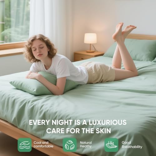 Real 100% Viscose Derived from Bamboo Sheets Set King Size, Cooling & Silky Soft for Hot Sleeper, Breathable & Moisture Wicking Fabric, 18" Deep Pocket with Corner Straps (Sea Glass, King XL) - view 4
