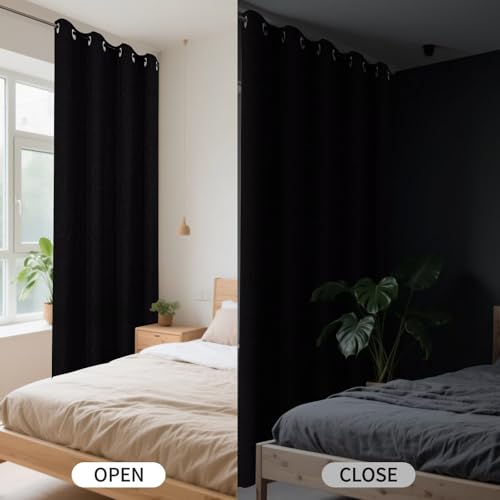 100% Blackout Window Curtains 72 inches Long 2 Panels Set, Faux Linen Look Thermal Insulated Grommet Drapes, Room Darkening Curtain for Bedroom Living Room(W52 x L72 Inch, Black) - view 2