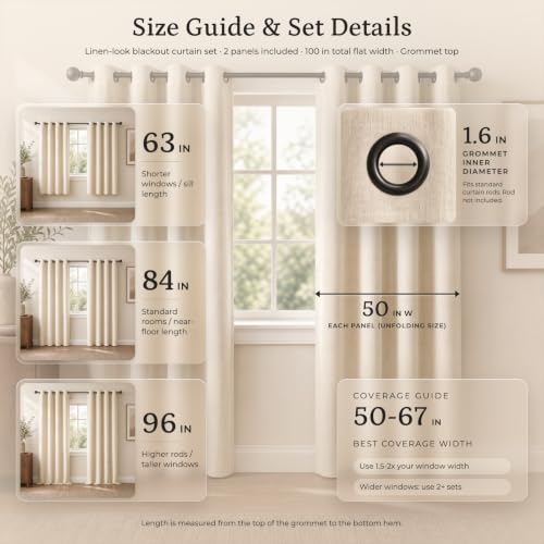 Linen Look 100% Blackout Bedroom Curtains, 96 Inch Long, Taupe - view 3
