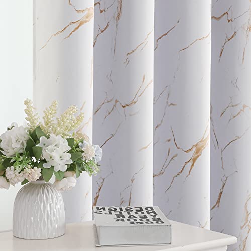 100% Blackout Curtains 84 inch Length 2 Panels Set Marble Designs Printed Drapes Thermal Curtains for Bedroom with Black Liner Sound Proof Curtains, Gold
