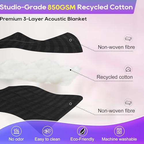 Acoustic Sound Dampening Blanket 72"x80" with Grommets, 2 Pack 850GSM Noise Reduction Cover for Studio Recording, Vocal Booth, Door & Window Insulation - view 3