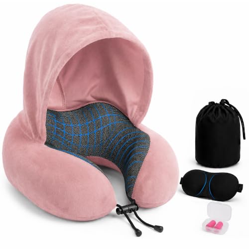 Travel Neck pillow for Airplane, with Large Hood Eye Mask Earplug and Bag