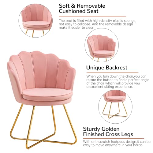 Pink Vanity Chairs, Velvet Makeup Chair for Bedroom, Home Office Desk Chair with Gold Plating Legs, Cute Accent Chair for Makeup Room, Bedroom, Living Room, Guest Reception (Velvet Pink) - view 6