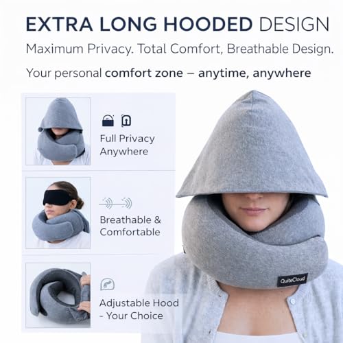 Travel Neck Pillow Hooded Memory Foam 360° Head & Chin Support, Lightweight Breathable Adjustable Fit Travel Neck Pillow with Eye Mask, Earplugs & Carry Bag for Airplanes, Car, Bus, Train & Long Trips - view 4